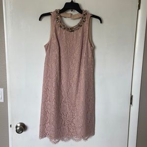 Eliza J a-line pink lace dress with jeweled neck line